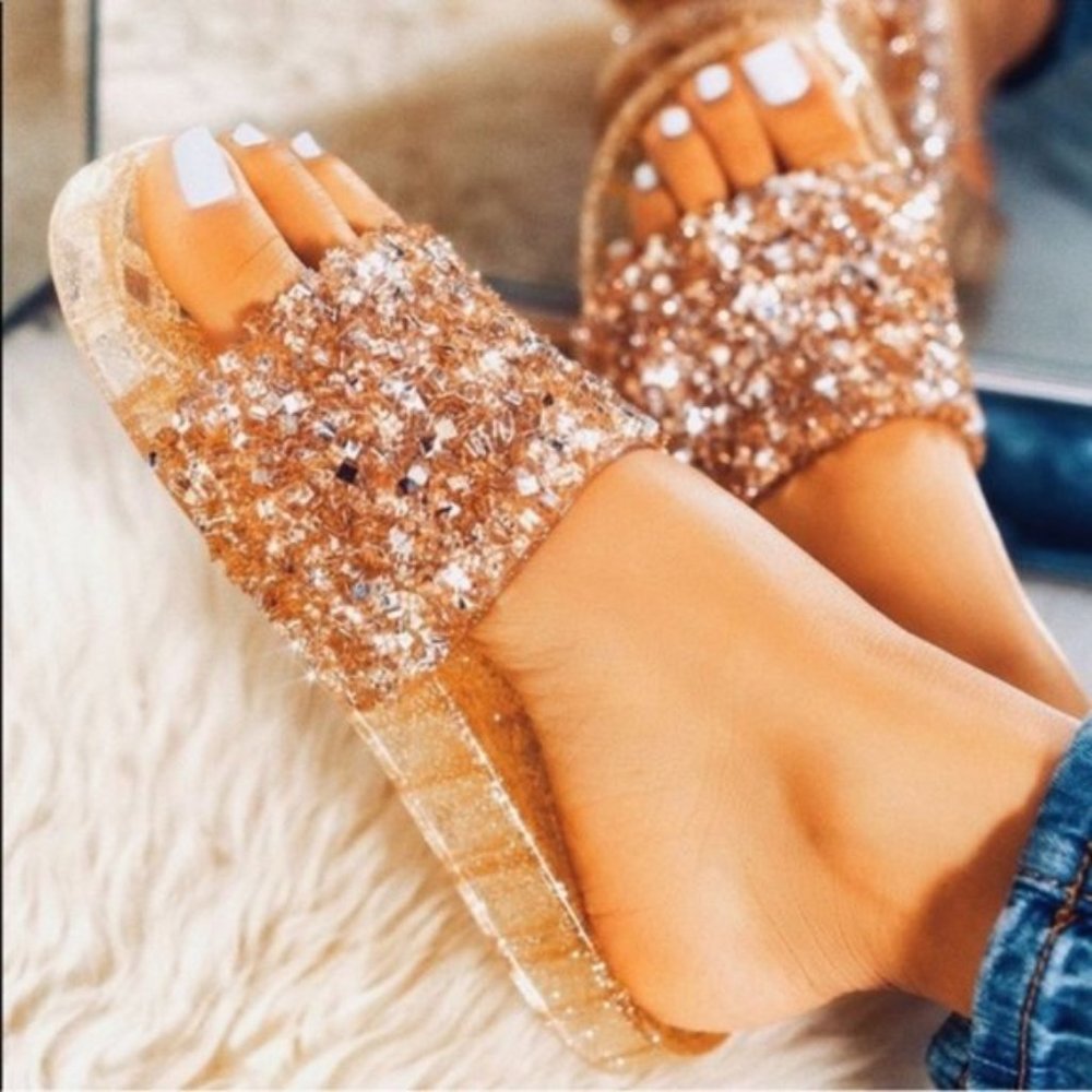 ! RESTOCKED ! Embellished Sparkle Slides in Gold - Picture 4 of 7
